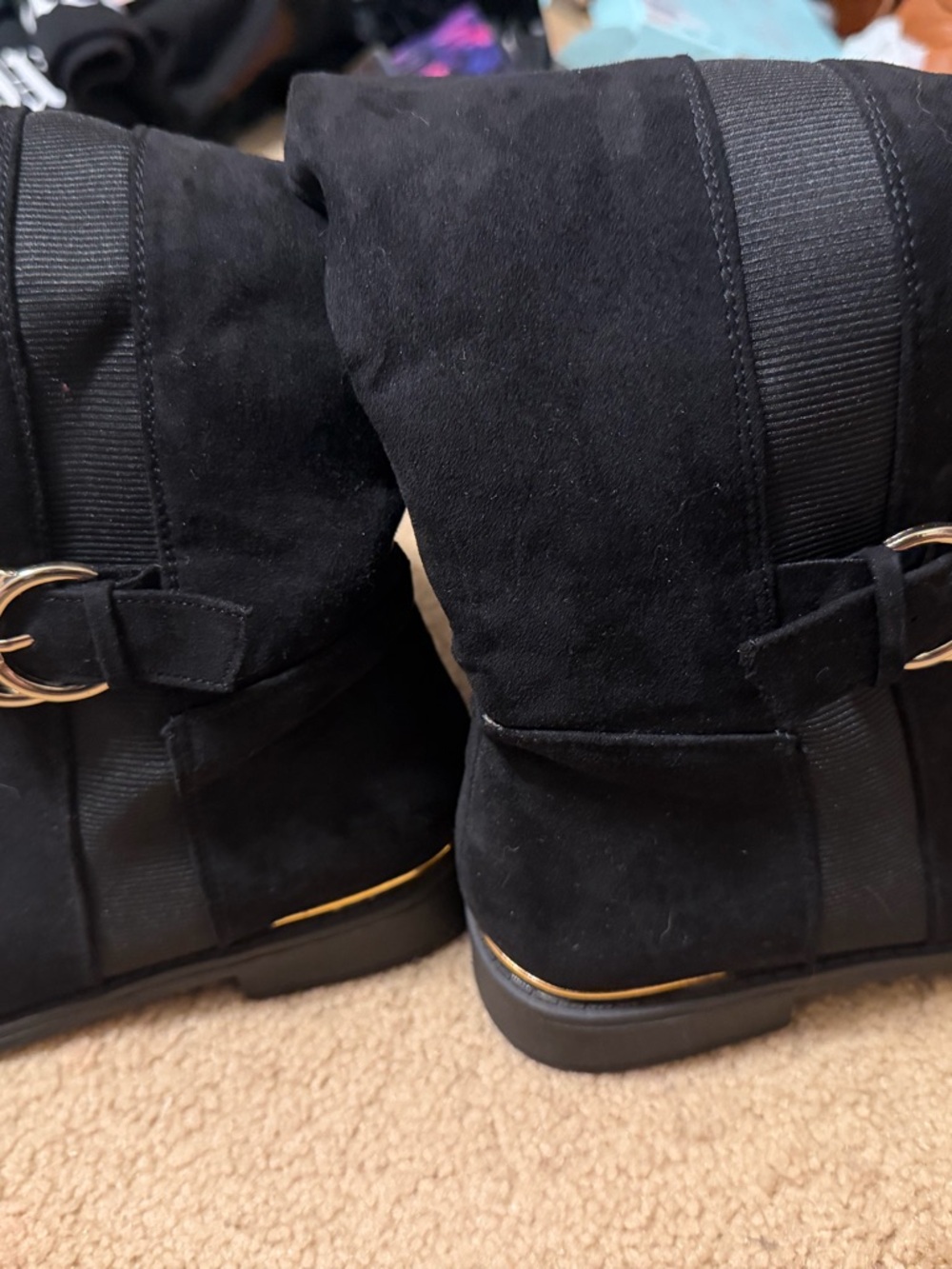 Women's Black Lace-Up Suede Boots with Gold Accent